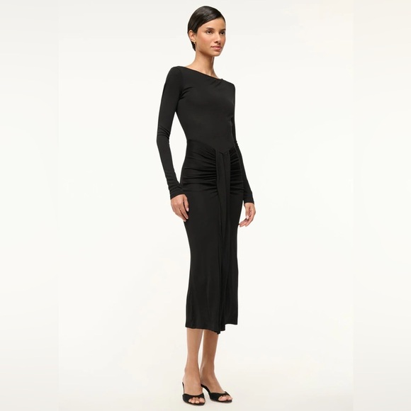 NEW STAUD Gres Dress, boat neck midi ruched waterfall heavy draped, Black Medium - Picture 2 of 13